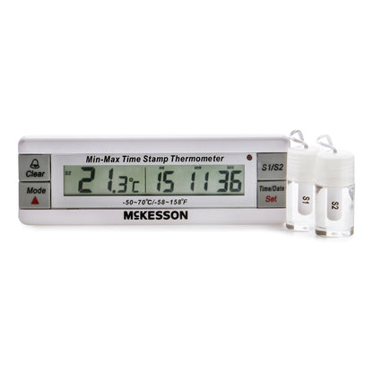 McKesson Digital Refrigerator / Freezer Thermometer with Alarm Fahrenheit / Celsius -58° to +158°F (-50° to +70°C) Desk / Wall / Door Mount Battery Operated (1074439_EA)
