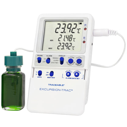 Traceable® Excursion-Trac™ Datalogging Refrigerator / Freezer Thermometer Fahrenheit / Celsius -58° to +158°F (-50° to +70°C) Bottle Probe Multiple Mounting Options Battery Operated (907851_EA)