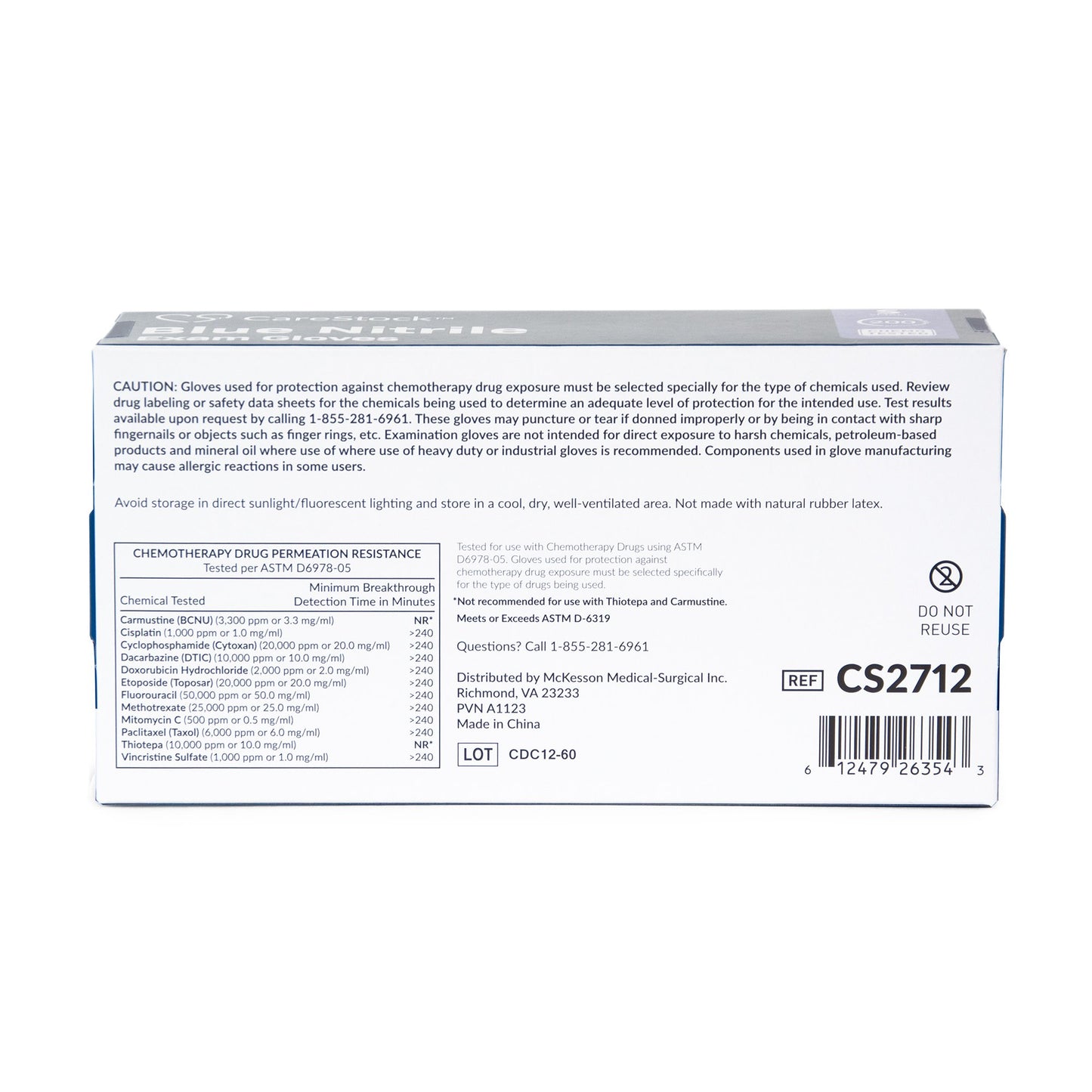 CareStock™ Exam Glove Small NonSterile Nitrile Standard Cuff Length Textured Fingertips Blue Chemo Tested (1230896_CS)