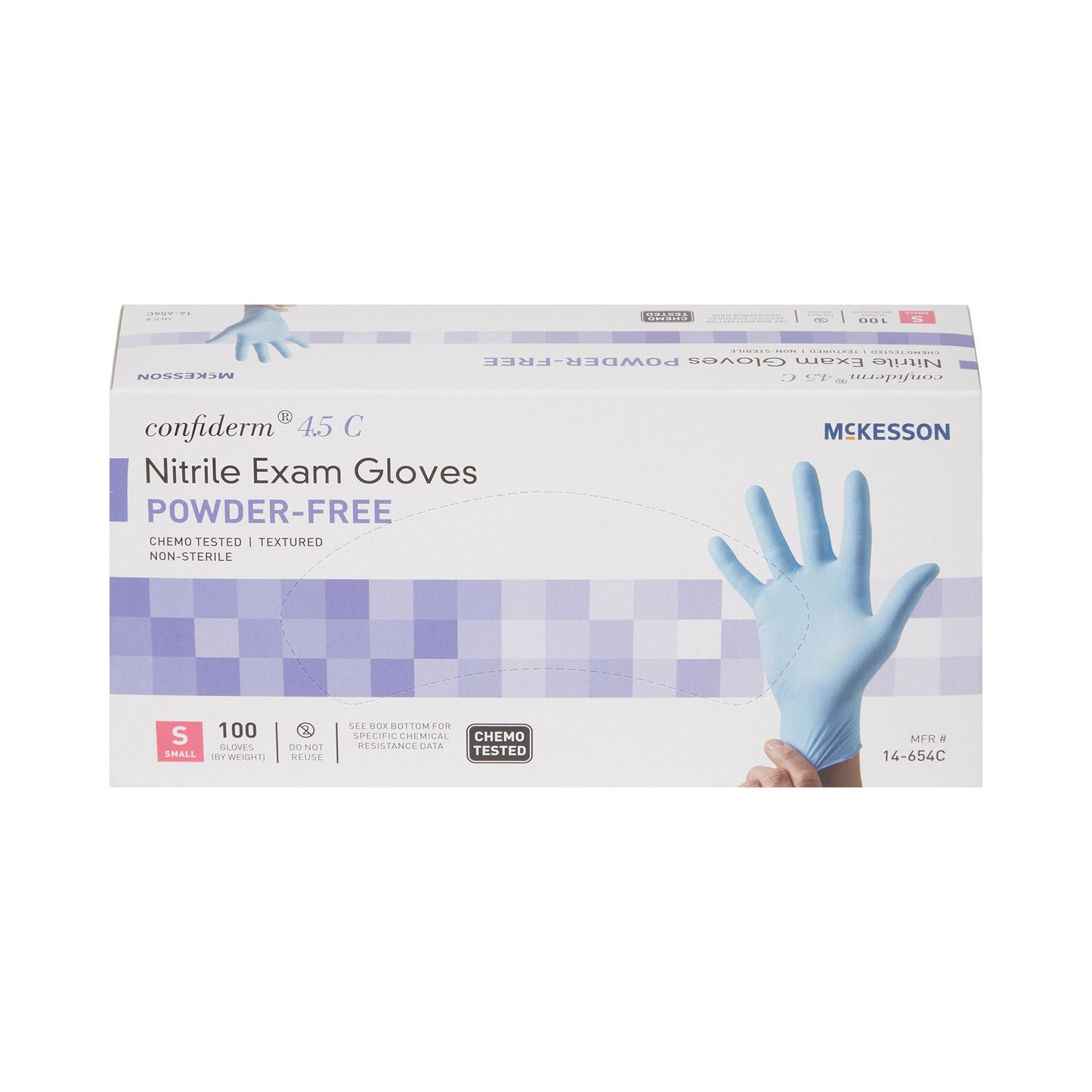 McKesson Confiderm® 4.5C Exam Glove Small NonSterile Nitrile Standard Cuff Length Textured Fingertips Blue Chemo Tested (921602_CS)