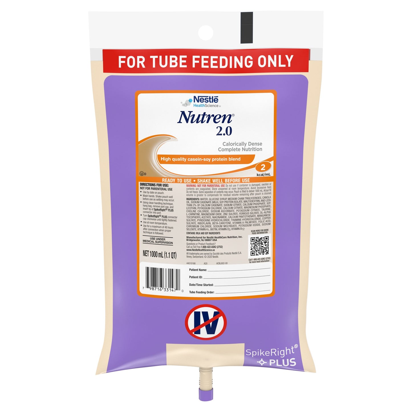 Nutren® 2.0 Tube Feeding Formula Unflavored Liquid 1000 mL Ready to Hang Prefilled Container (664065_EA)