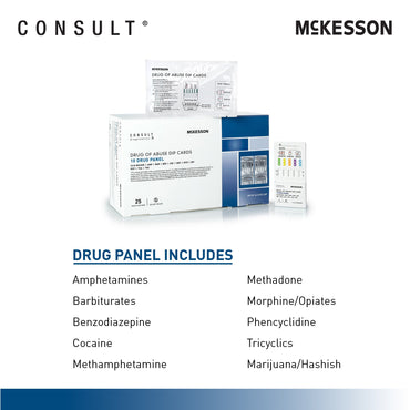 McKesson Consult™ Drugs of Abuse Test Kit AMP, BAR, BZO, COC, mAMP/MET, MTD, OPI, PCP, TCA, THC 25 Tests CLIA Waived (1192824_BX)