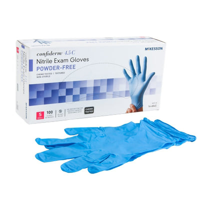 McKesson Confiderm® 4.5C Exam Glove Small NonSterile Nitrile Standard Cuff Length Textured Fingertips Blue Chemo Tested (921602_BX)