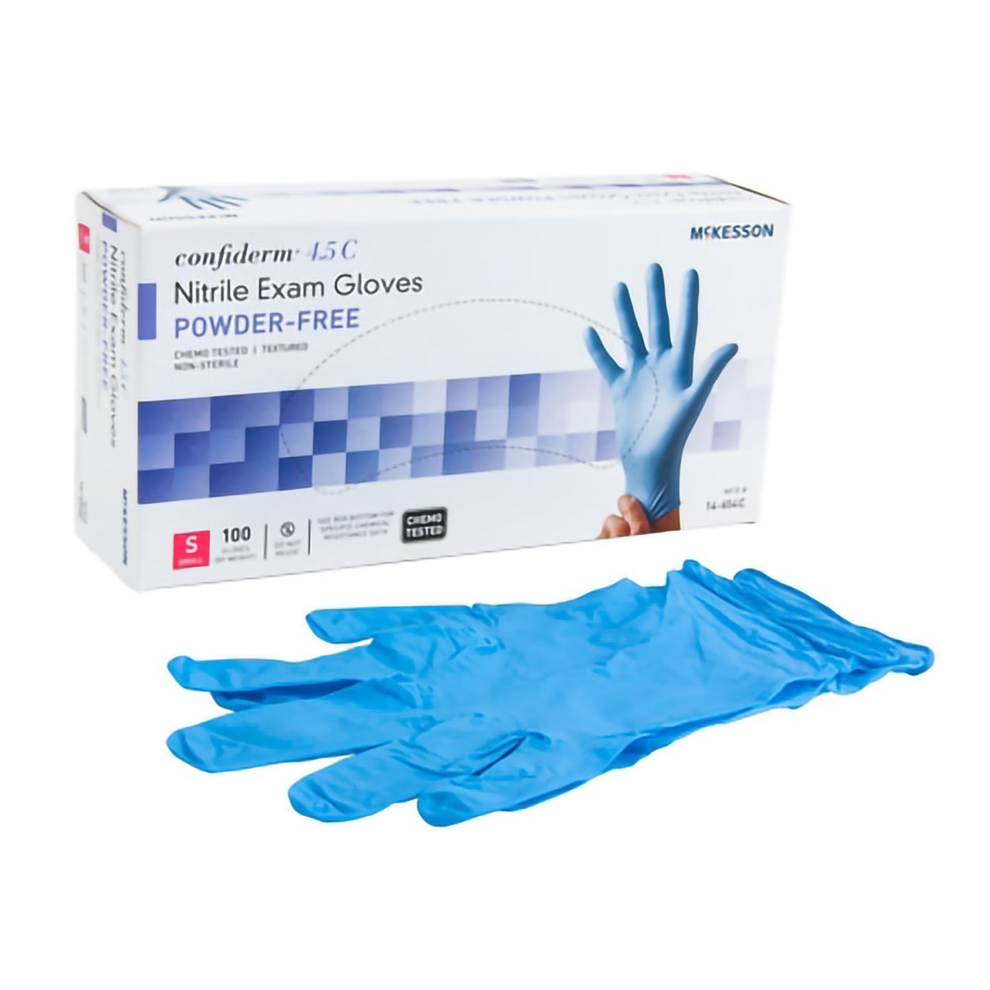 McKesson Confiderm® 4.5C Exam Glove Small NonSterile Nitrile Standard Cuff Length Textured Fingertips Blue Chemo Tested (921602_CS)