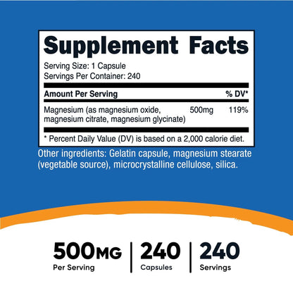 nutricost® Dietary Supplement Magnesium 500 mg Strength Capsule 240 Per Bottle (1270275_BT)