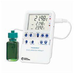 Fisherbrand™ Traceable® Excursion-Trac™ Datalogging Refrigerator / Freezer Thermometer with Alarm Fahrenheit / Celsius -58° to +158°F (-50° to +70°C) Bottle Probe Multiple Mounting Options AC Adaptor / Battery Backup (1033180_EA)