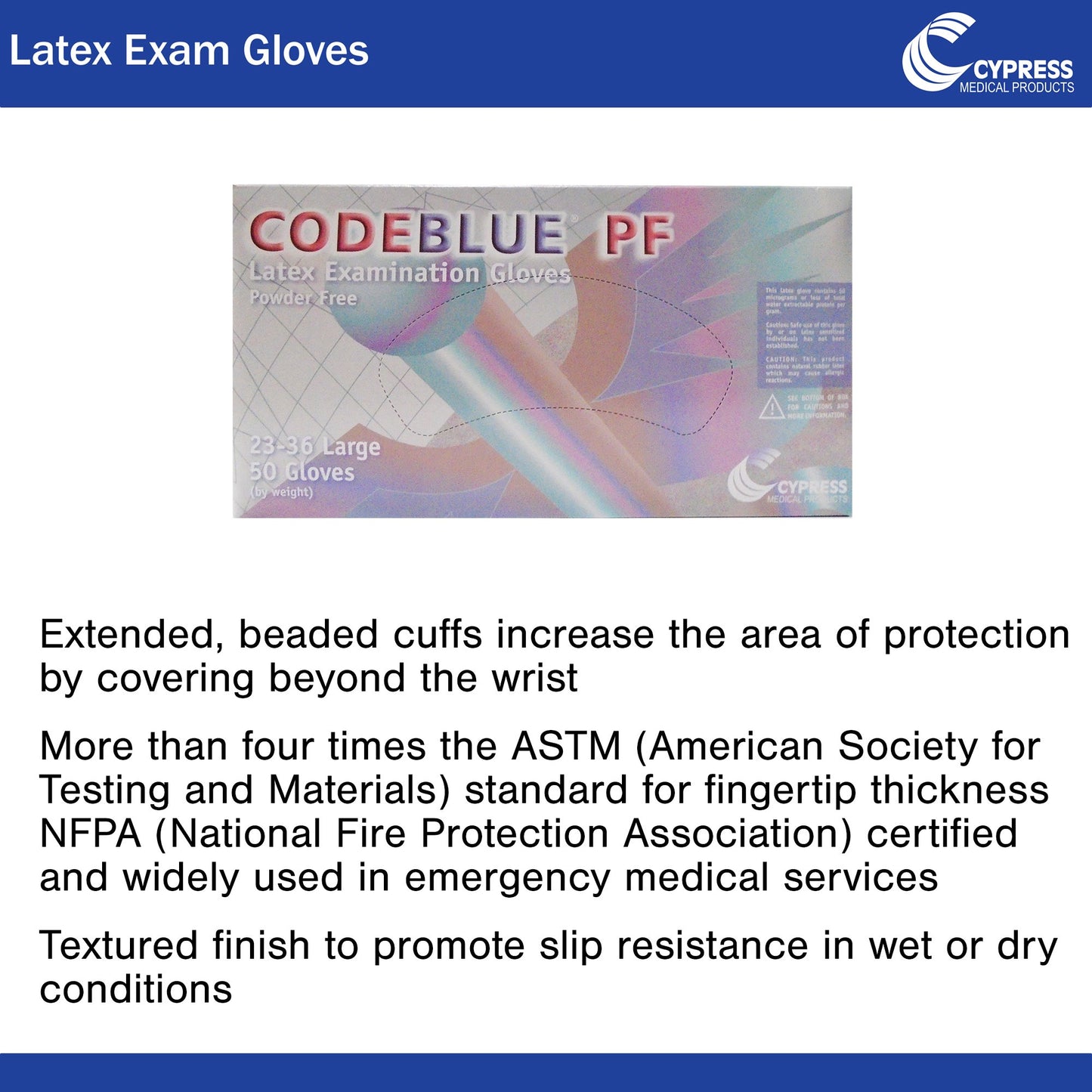 CODEBLUE® PF Exam Glove Large NonSterile Latex Extended Cuff Length Fully Textured Blue Not Rated (546242_BX)