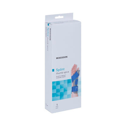 McKesson Wrist / Hand Brace with Thumb Spica Thumb Spica Nylon / Cotton-Terry / Foam / Elastic / Spandex Right Hand Blue / Gray Small / Medium (1159132_EA)