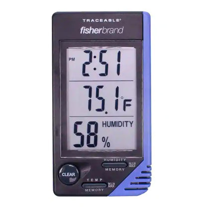 Fisherbrand™ Traceable® Thermometer / Clock / Humidity Monitor Fahrenheit / Celsius 32° to 122°F (0° to 50°C) Internal Sensor Flip-out Stand / Wall Mount Battery Operated (482112_EA)