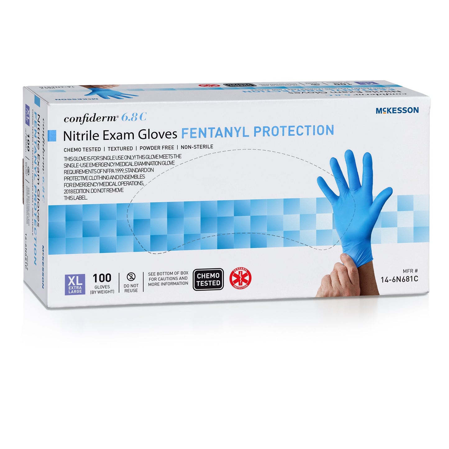 McKesson Confiderm® 6.8C Exam Glove X-Large NonSterile Nitrile Standard Cuff Length Fully Textured Blue Chemo Tested / Fentanyl Tested (1225752_BX)