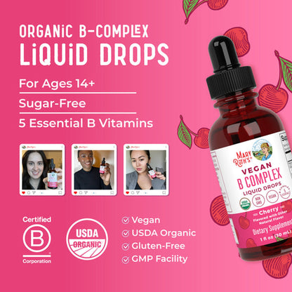 Mary Ruth's® Vegan B-Complex Dietary Supplement Niacin / Vitamin B6 / Folate / B12 / Biotin 2 mg - 2 mg - 400 mcg - 1,500 mcg - 2,500 mcg Strength Drop 1 oz. Cherry Flavor (1271766_EA)