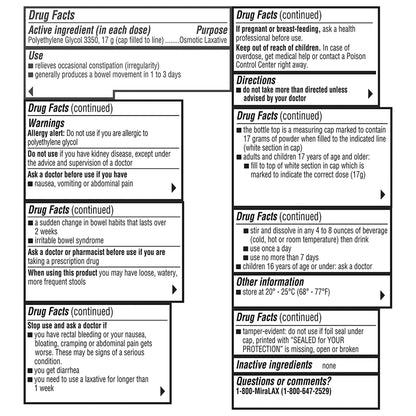MiraLAX® Laxative Unflavored Powder 4.1 oz. 17 Gram Strength Polyethylene Glycol 3350 (930083_EA)