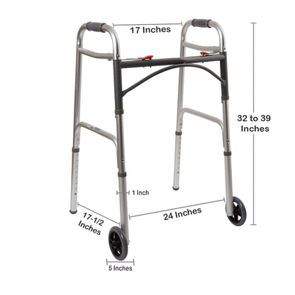 McKesson Dual Release Folding Walker with Wheels Adjustable Height Aluminum Frame 350 lbs. Weight Capacity 32 to 39 Inch Height (1073638_CS)