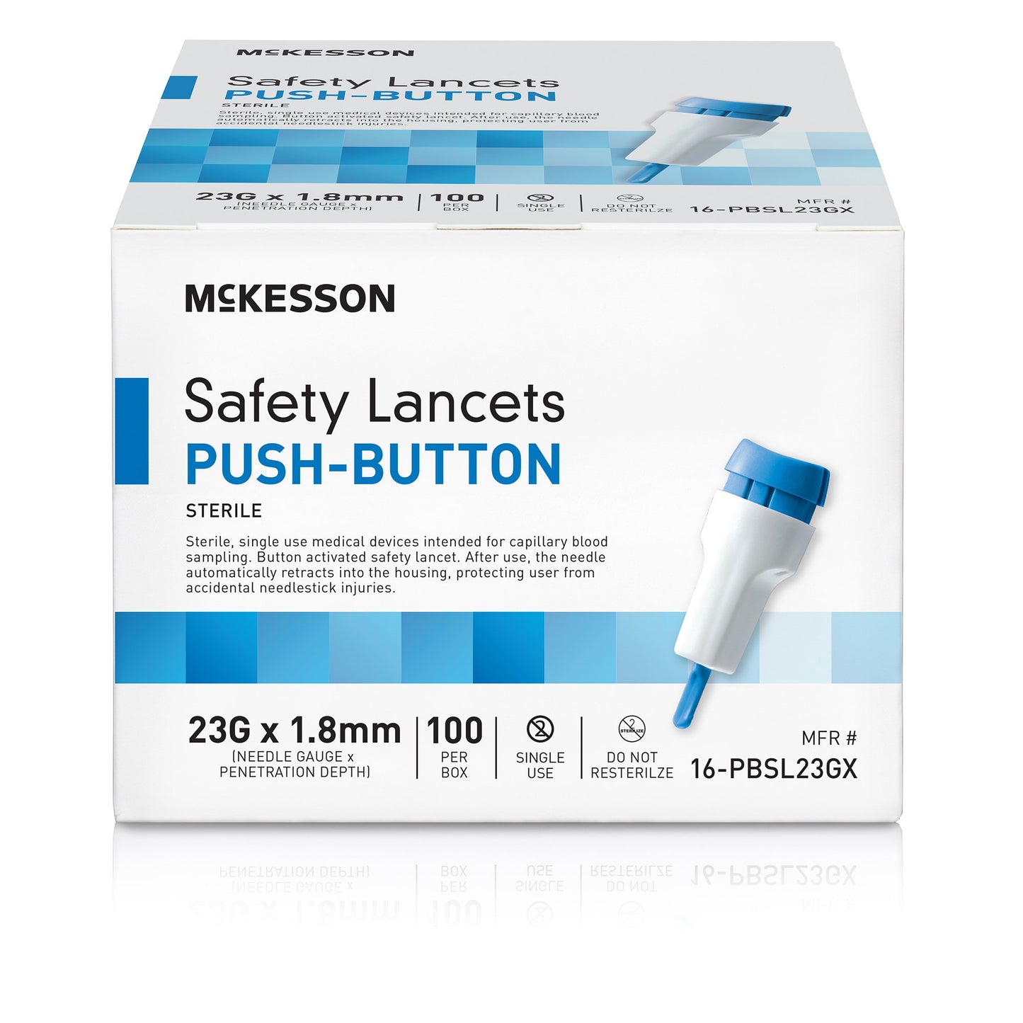 McKesson Safety Lancet 23 Gauge Retractable Push Button Activation Finger (1217990_BX)