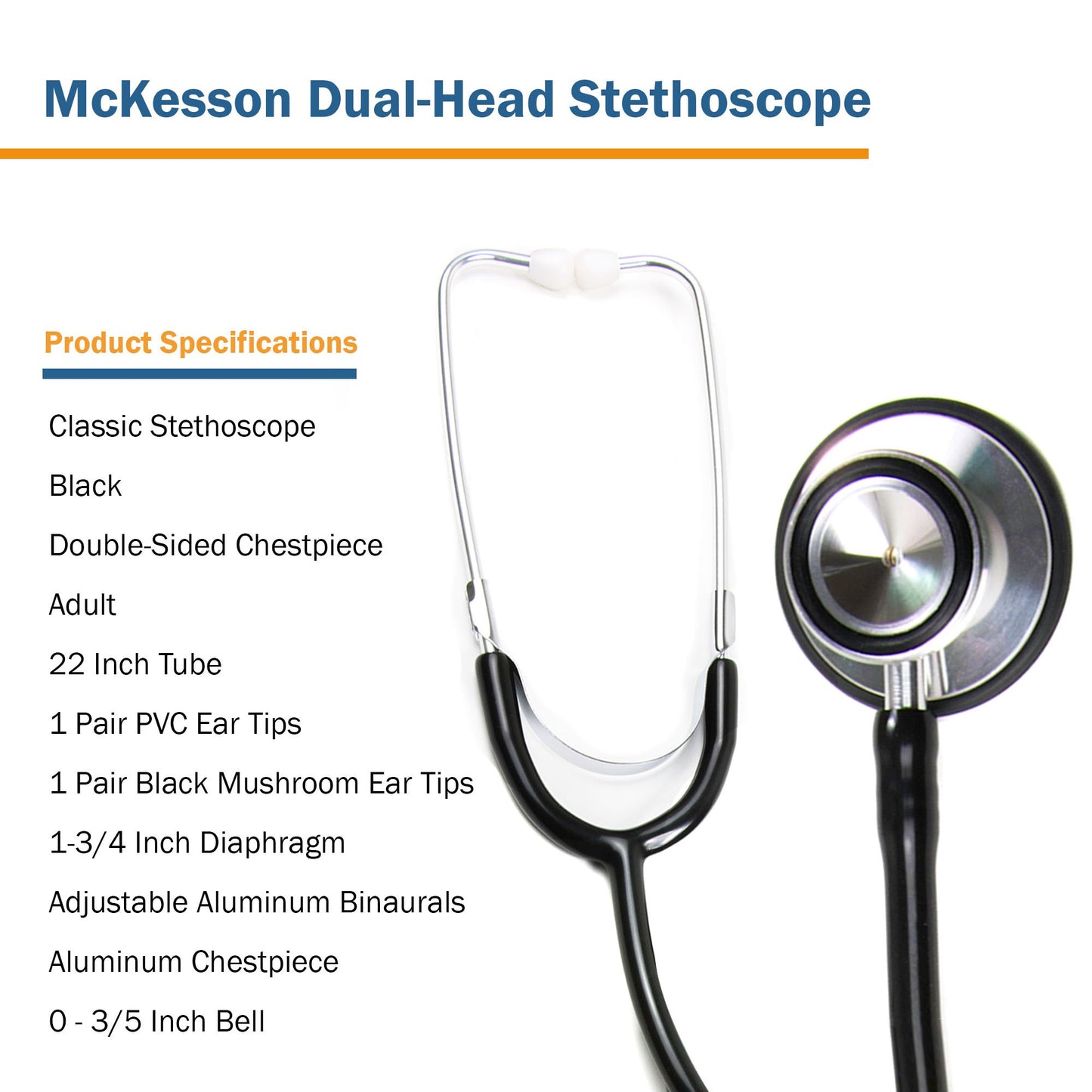 McKesson General Exam Stethoscope Black 1-Tube 22 Inch Tube Double Sided Chestpiece (1007587_EA)