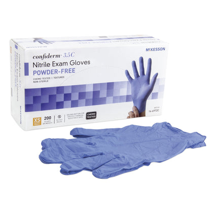 McKesson Confiderm® 3.5C Exam Glove X-Small NonSterile Nitrile Standard Cuff Length Textured Fingertips Blue Chemo Tested (765873_CS)