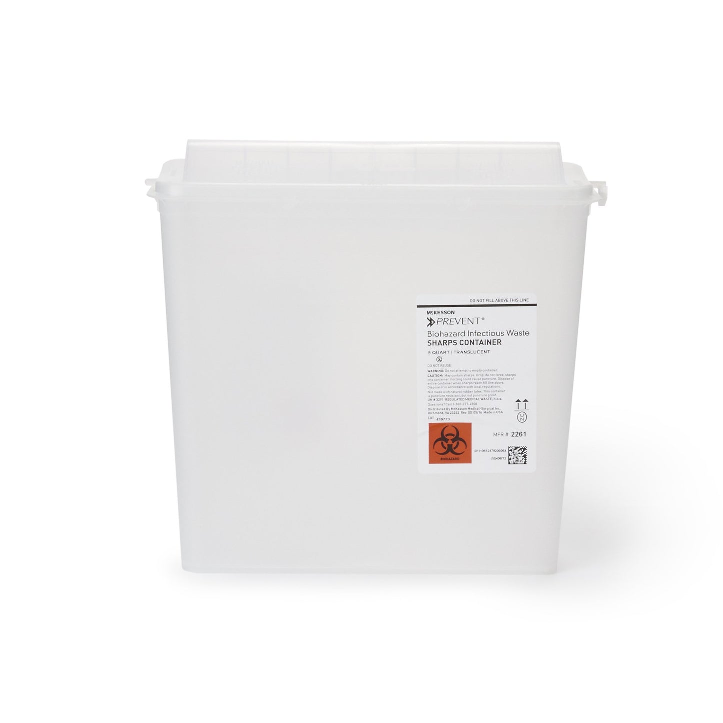 McKesson Prevent® Sharps Container Translucent Base 10-3/4 H X 10-1/2 W X 4-3/4 D Inch Horizontal Entry 1.25 Gallon (855126_EA)