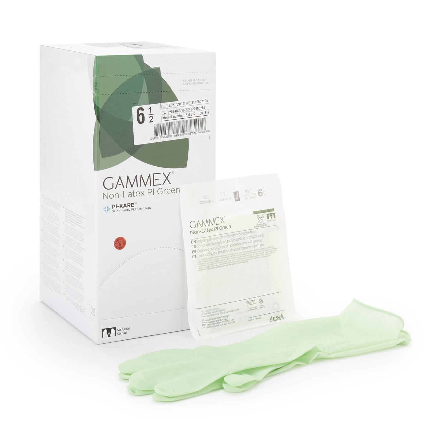 GAMMEX® Non-Latex PI Green Surgical Glove Size 6.5 Sterile Polyisoprene Standard Cuff Length Micro-Textured Light Green Chemo Tested (648142_CS)