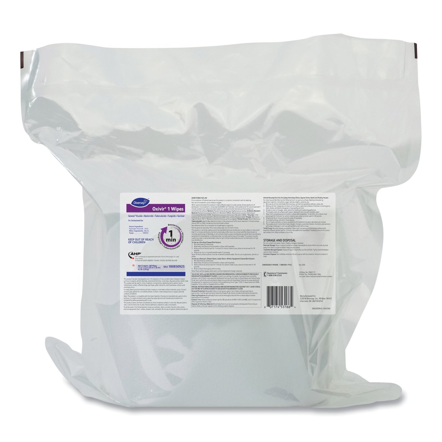 Diversey™ Oxivir® 1 Surface Disinfectant Cleaner Refill Premoistened Hydrogen Peroxide Based Manual Pull Wipe 160 Count Soft Pack Scented NonSterile (1048123_CS)