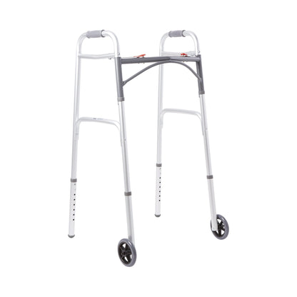 McKesson Dual Release Folding Walker with Wheels Adjustable Height Aluminum Frame 350 lbs. Weight Capacity 32 to 39 Inch Height (1076176_EA)