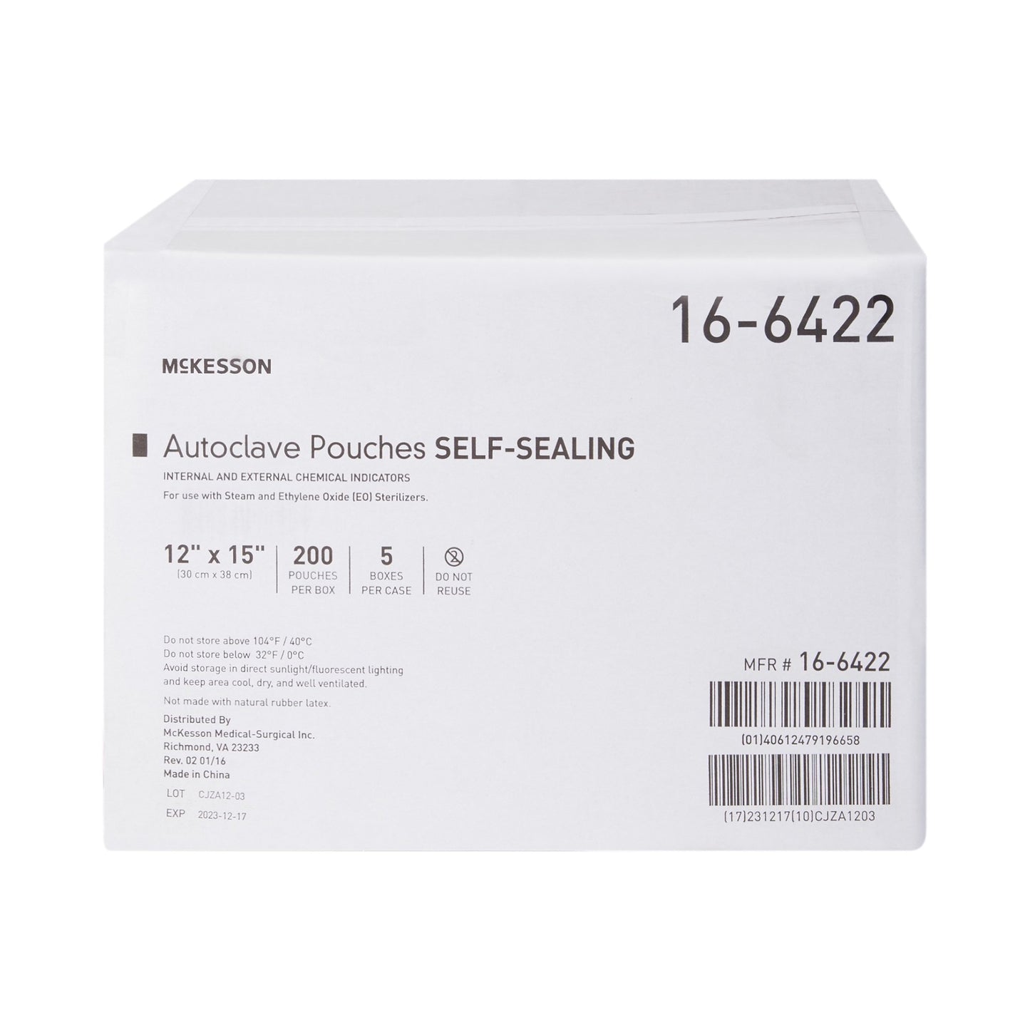 McKesson Sterilization Pouch Ethylene Oxide (EO) Gas / Steam 12 X 15 Inch Transparent Blue / White Self Seal Paper / Film (960947_BX)