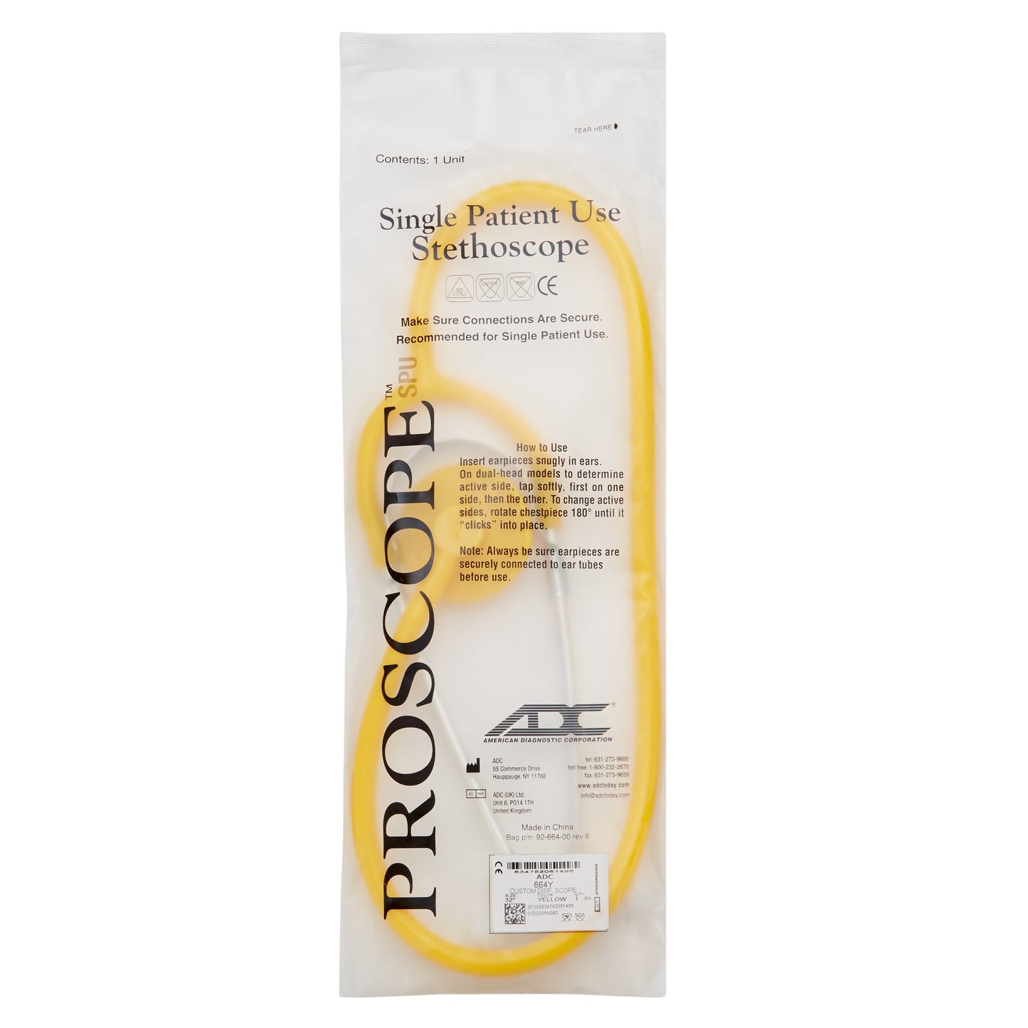 Proscope™ 664 Disposable Stethoscope Yellow 1-Tube 22 Inch Tube Single Sided Chestpiece (493334_CS)