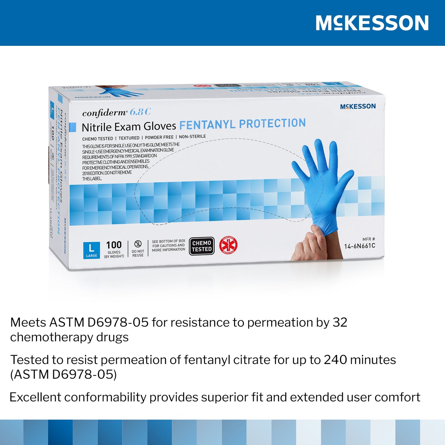 McKesson Confiderm® 6.8C Exam Glove Large NonSterile Nitrile Standard Cuff Length Fully Textured Blue Chemo Tested / Fentanyl Tested (1225750_BX)