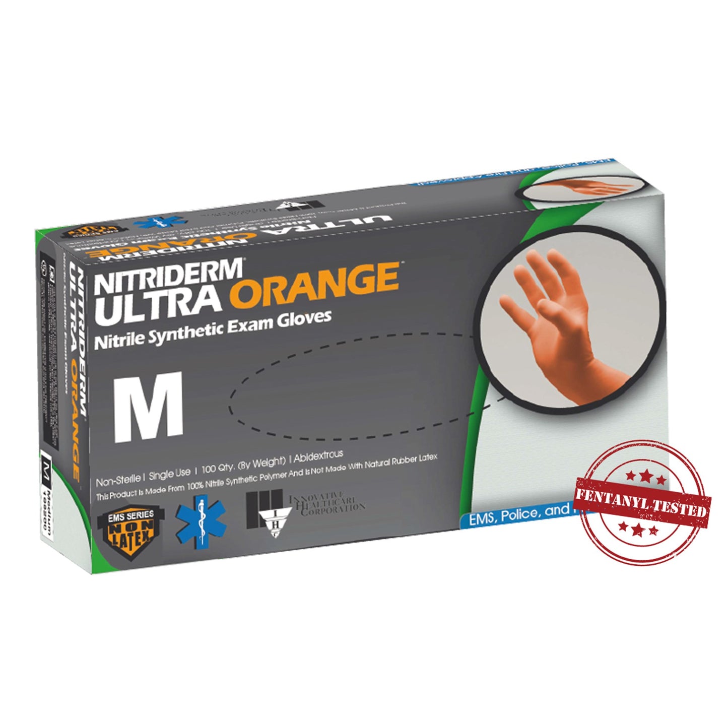 NitriDerm® Ultra Orange™ Exam Glove Medium NonSterile Nitrile Standard Cuff Length Fully Textured Orange Chemo Tested / Fentanyl Tested (780242_CS)