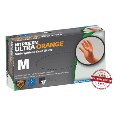 NitriDerm® Ultra Orange™ Exam Glove Medium NonSterile Nitrile Standard Cuff Length Fully Textured Orange Chemo Tested / Fentanyl Tested (780242_CS)