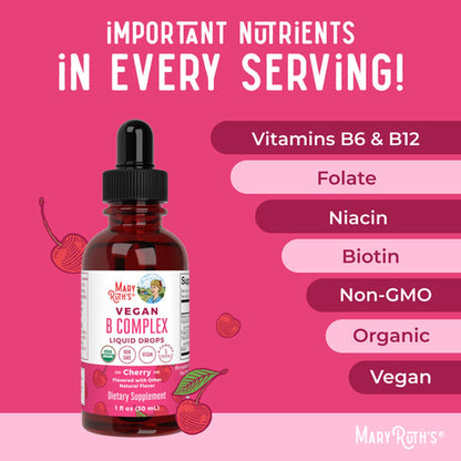 Mary Ruth's® Vegan B-Complex Dietary Supplement Niacin / Vitamin B6 / Folate / B12 / Biotin 2 mg - 2 mg - 400 mcg - 1,500 mcg - 2,500 mcg Strength Drop 1 oz. Cherry Flavor (1271766_EA)