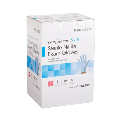 McKesson Confiderm® STR Exam Glove Small Sterile Pair Nitrile Standard Cuff Length Textured Fingertips Blue Not Rated (1065405_CS)