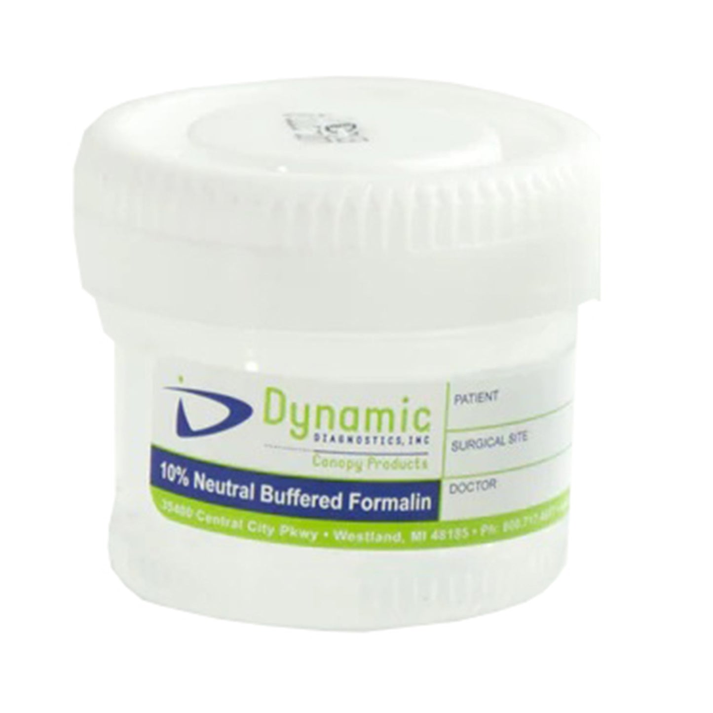 Dynamic Diagnostics Prefilled Formalin Container 20 mL Fill in 40 mL (1.35 oz.) Screw Cap Patient Information NonSterile (1193635_CS)