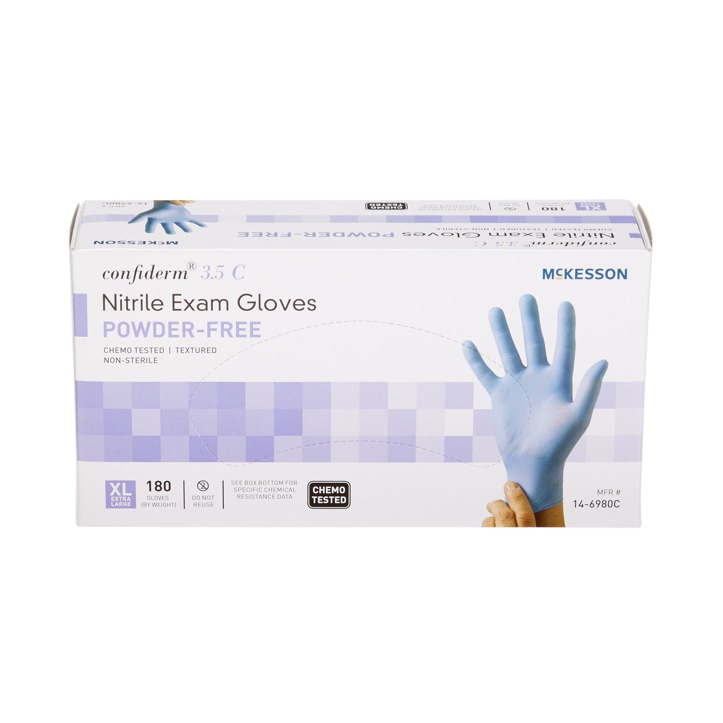 McKesson Confiderm® 3.5C Exam Glove X-Large NonSterile Nitrile Standard Cuff Length Textured Fingertips Blue Chemo Tested (767197_BX)