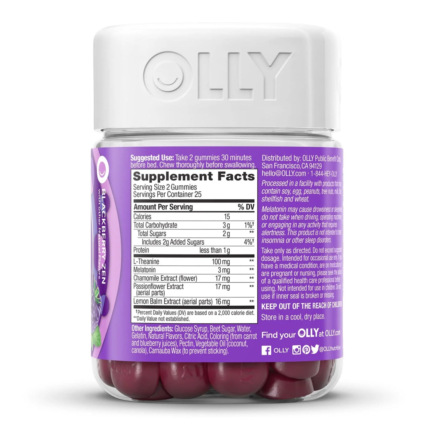 OLLY® Sleep Dietary Supplement L-Theanine / Melatonin / Botanicals 100 mg - 3 mg - 16 to 17 mg Strength Gummy 50 per Bottle Blackberry Zen Flavor (1228383_BT)