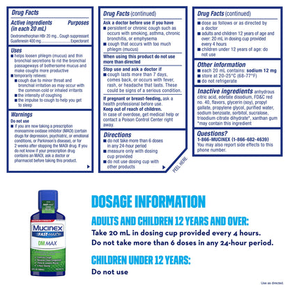 Mucinex® Fast-Max™ DM Max Cold and Cough Relief 400 mg - 20 mg / 20 mL Strength Liquid 6 oz. (830949_EA)