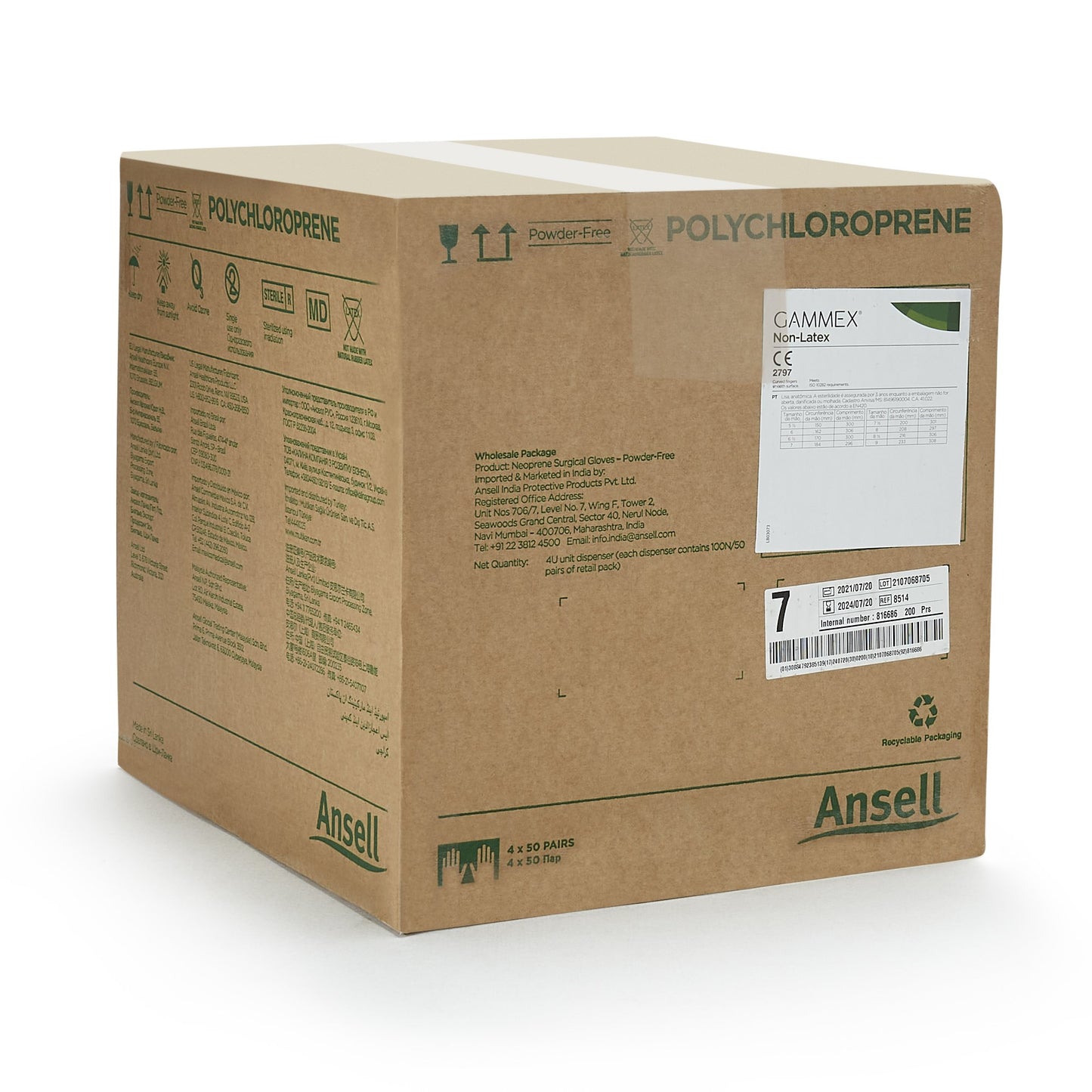 GAMMEX® Non-Latex Surgical Glove Size 7 Sterile Polyisoprene Standard Cuff Length Micro-Textured Green Chemo Tested (364345_CS)