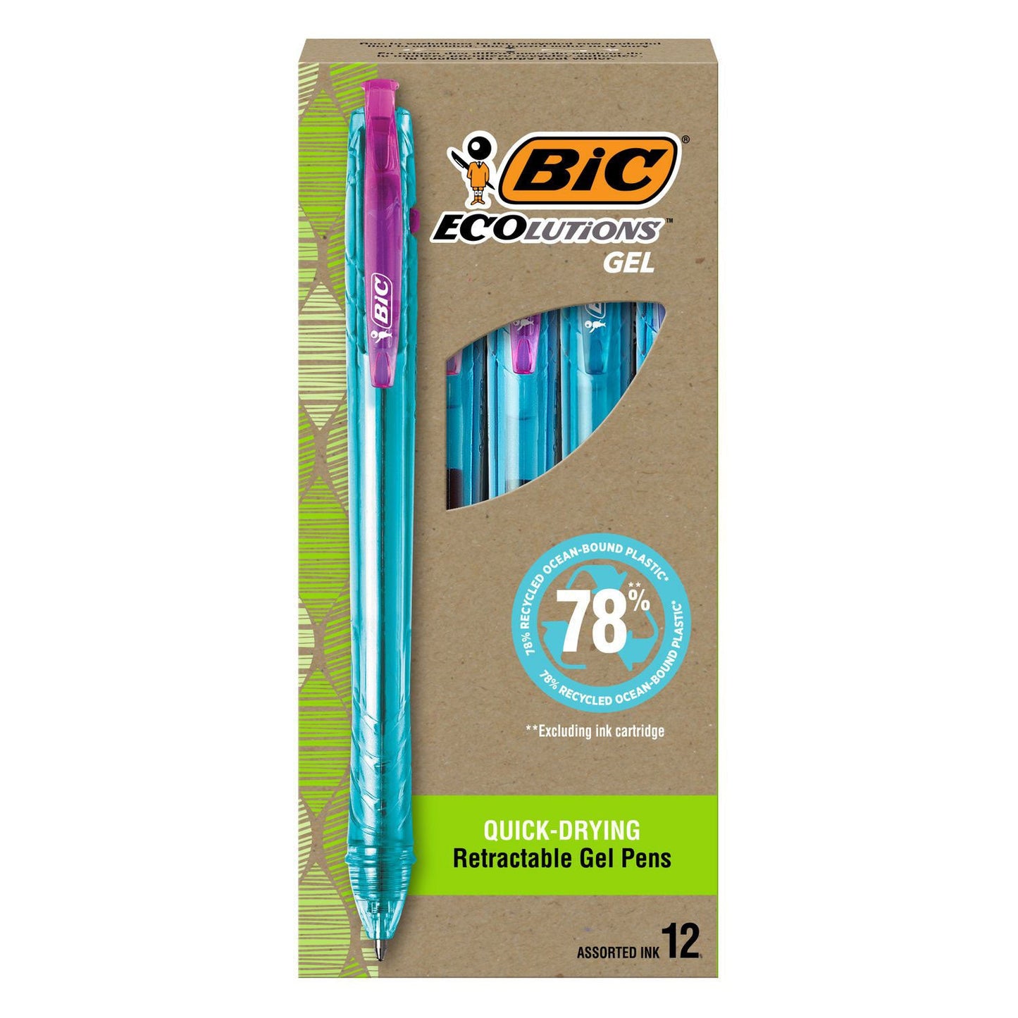 BIC Ecolutions Gel Pen, Retractable, Medium 1 mm, Assorted Ink, Blue Barrel, Dozen (BICBICRGLE11AST)