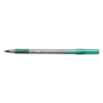 BIC Round Stic Grip Xtra Comfort Stick Ballpoint Pen, 1.2mm, Green Ink, Gray Barrel, Dozen (BICGSMG11GN)