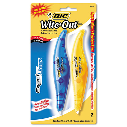 BIC Wite-Out Brand Exact Liner Correction Tape, Non-Refillable, Blue/Orange, 1/5" x 236", 2/Pack (BICWOELP21)