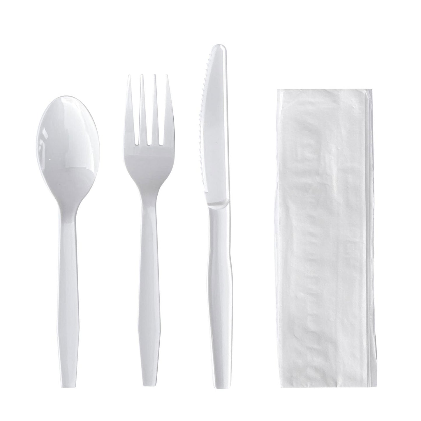 Boardwalk® Four-Piece Cutlery Kit, Fork/Knife/Napkin/Teaspoon, Mediumweight, Polystyrene, White, 250/Carton (BWK4KITWHPS)