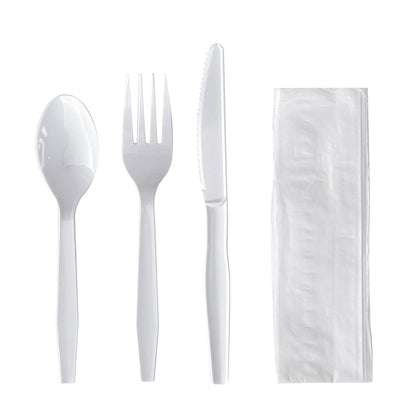 Boardwalk® Four-Piece Cutlery Kit, Fork/Knife/Napkin/Teaspoon, Mediumweight, Polystyrene, White, 250/Carton (BWK4KITWHPS)