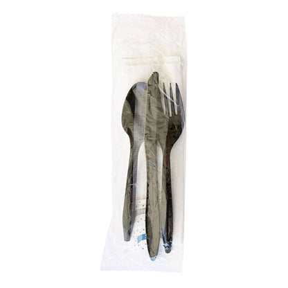 Boardwalk Six-Piece Cutlery Kit, Fork/Knife/Napkin/Pepper/Salt/Spoon, Black, 250/Carton (BWKCOMBO6KIT)