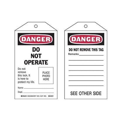 Brady Self-Laminating Tag, 3 in W x 5-3/4 in H, Polyester, Danger, Do Not Operate, Includes Rever Side, Black/Red on White (262-65501)