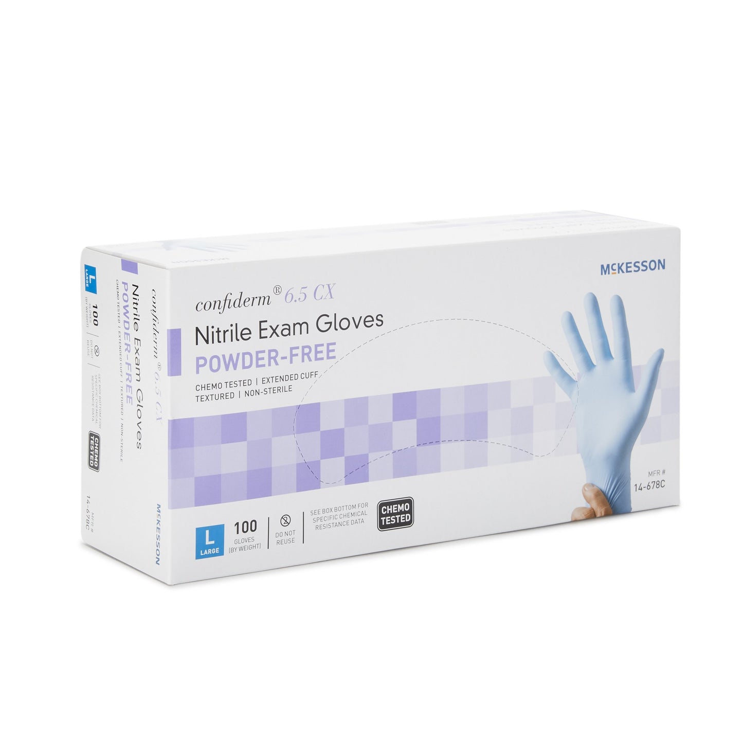 McKesson Confiderm® 6.5CX Exam Glove Large NonSterile Nitrile Extended Cuff Length Textured Fingertips Blue Chemo Tested (921608_CS)