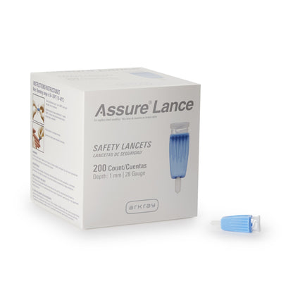 Assure® Safety Lancet 28 Gauge Protective Safety Cap Push Button Activation Finger (689753_BX)