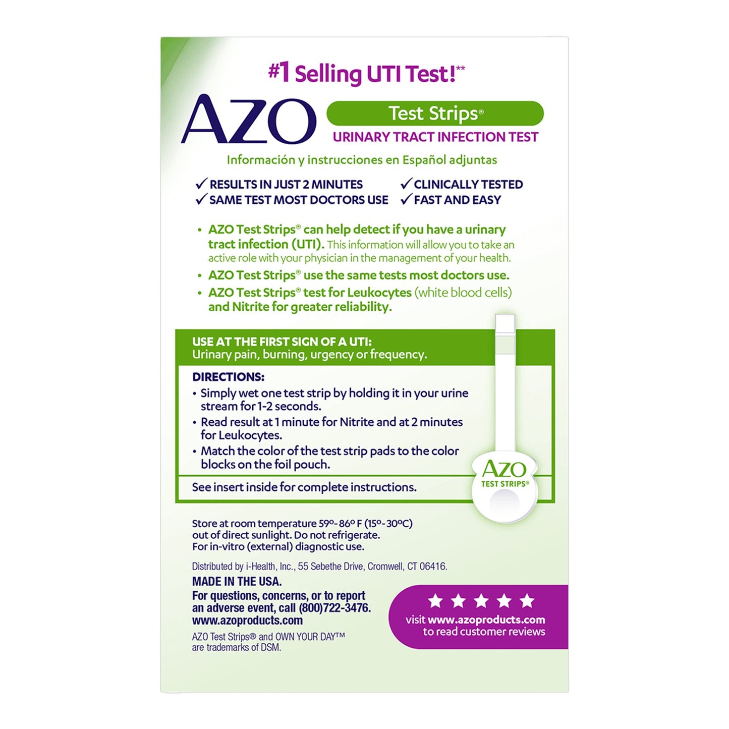 AZO Test Strips® Urinalysis Test Kit Urinary Tract Infection Detection 3 Tests CLIA Waived (1065927_BX)