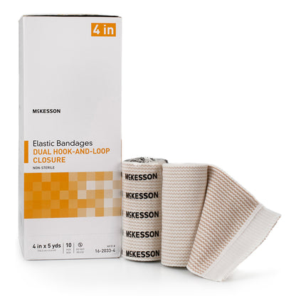 McKesson Elastic Bandage 4 Inch X 5 Yard Double Hook and Loop Closure Tan NonSterile Standard Compression (1086529_RL)