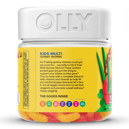 OLLY® Kids Multi Gummy Worms Dietary Supplement Vitamin A / B6 / B12 / C / D / E / Zinc 150 mcg - 0.5 mg - 1.2 mcg - 15 mg - 10 mcg - 3.75 mg - 0.75 mg Strength Gummy 70 per Bottle Sour Fruity Punch Flavor (1249517_BT)