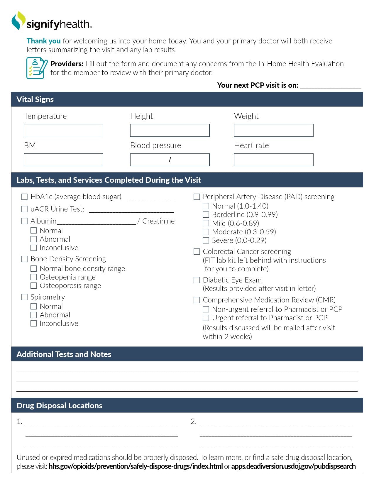 Signify Health® Check List Form PCP Screening 8 X11 Inch (1218338_CS)