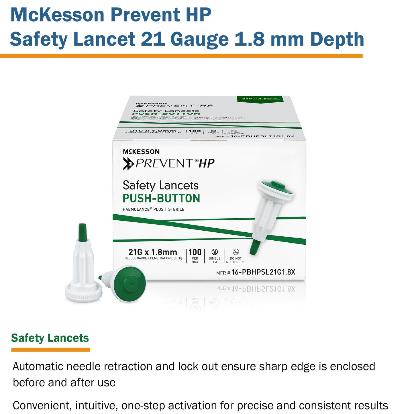 McKesson Prevent® HP Safety Lancet 21 Gauge Retractable Push Button Activation Finger (1217984_BX)